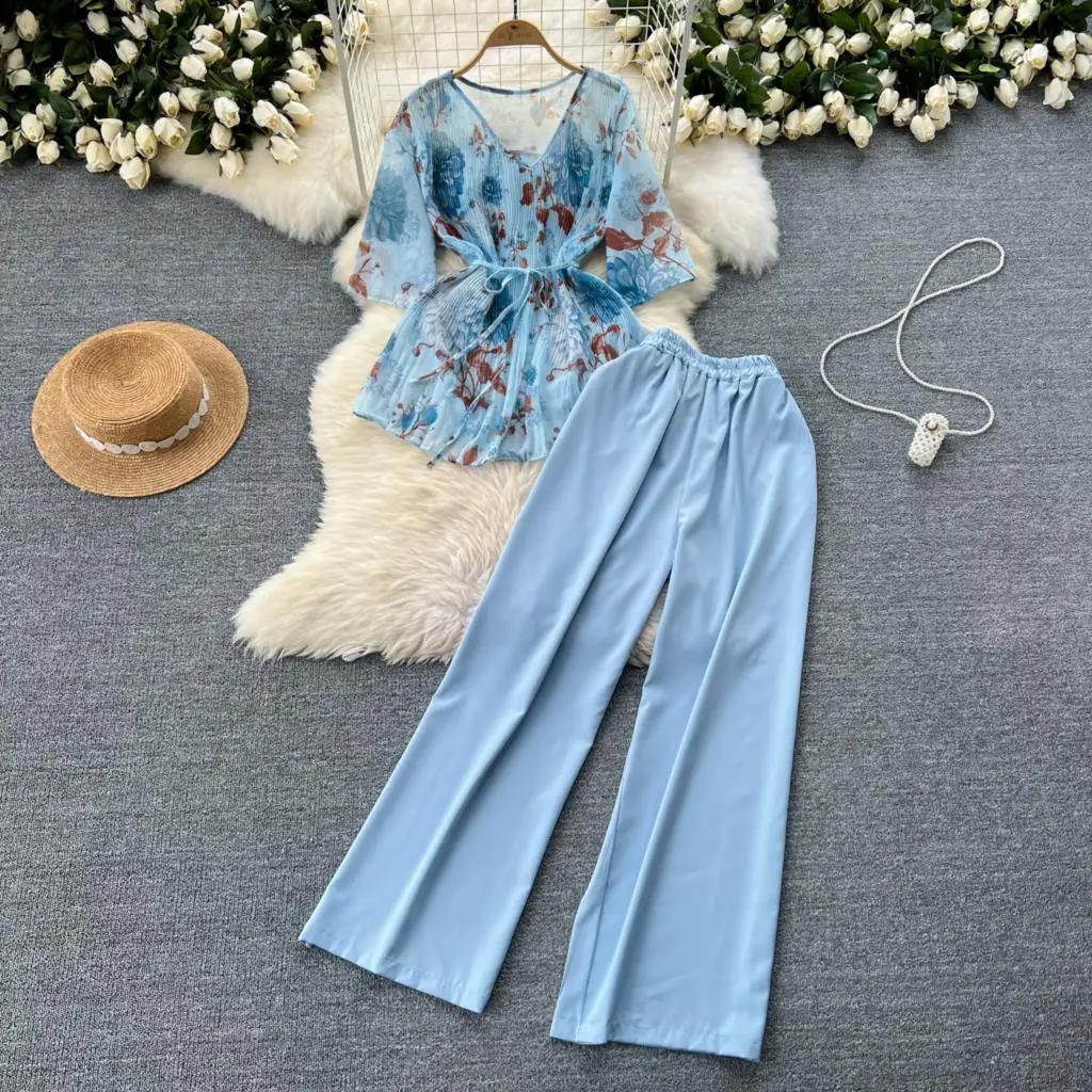 Elegant and Chic Women Floral Summer Pantsuit Chiffon Lace Shirts Top Wide-Leg Pants Two Pieces Set Female Clothes New Outfits