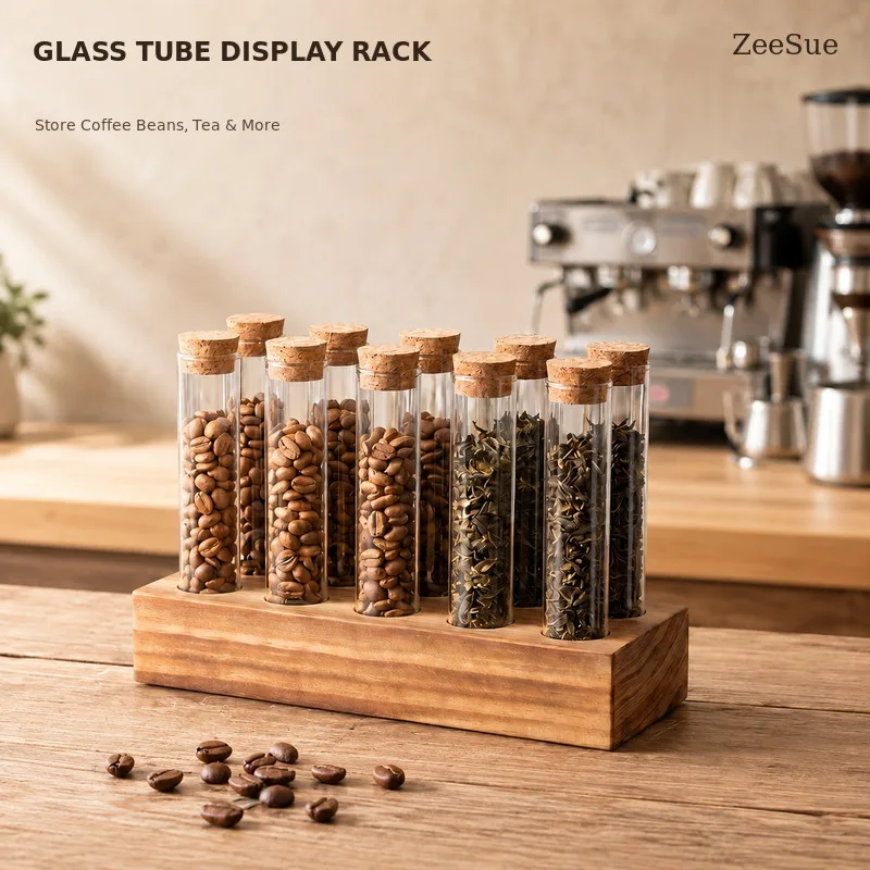 Glass Test Tube Storage Rack with Cork Stoppers and Wooden Base, Countertop Organizer for Coffee Beans, Loose Tea, Spices and Dr