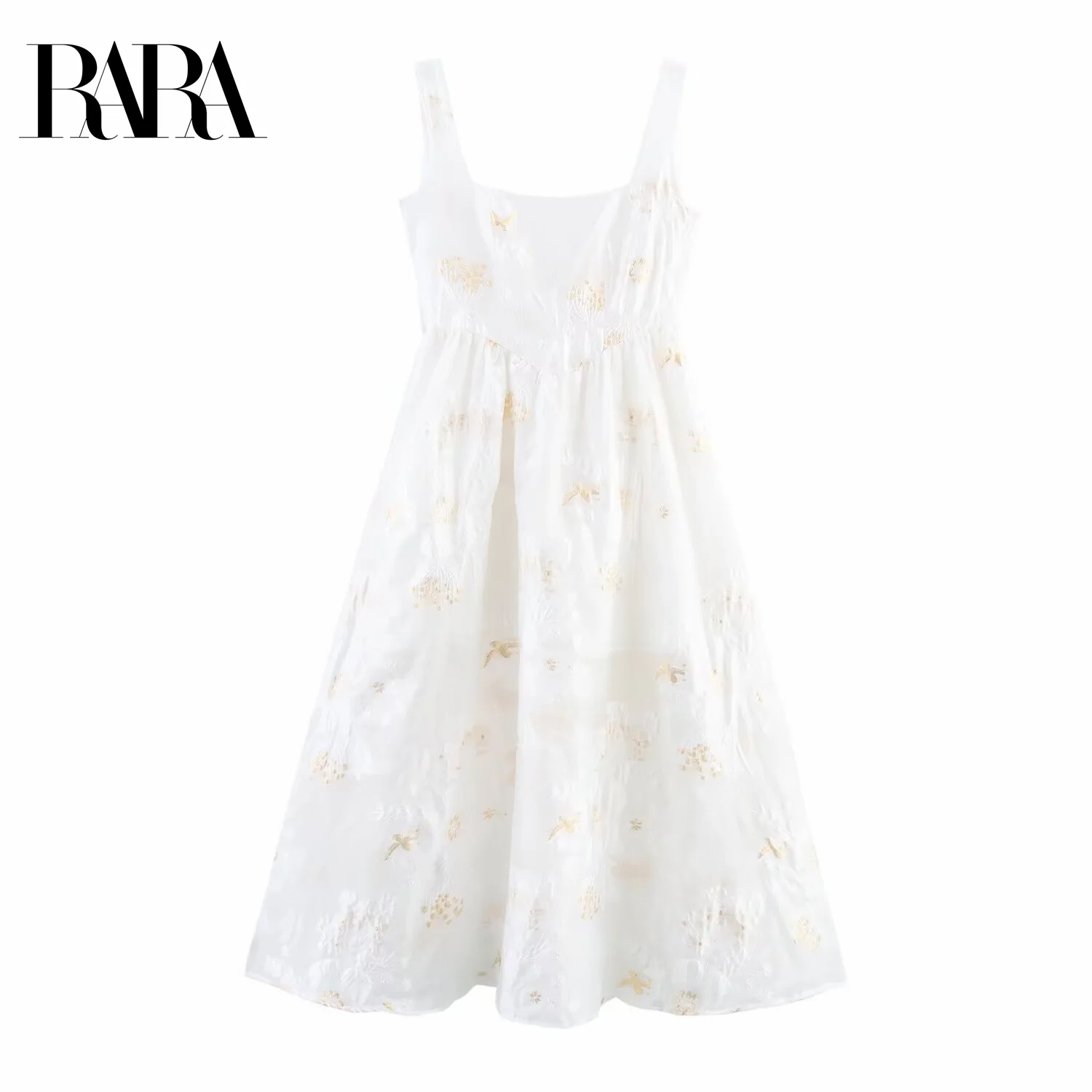 

RARA Women's Temperament Gold Foil Printing Sleeveless Vest Style Midi Length Dress Loose Big Flared Skirt