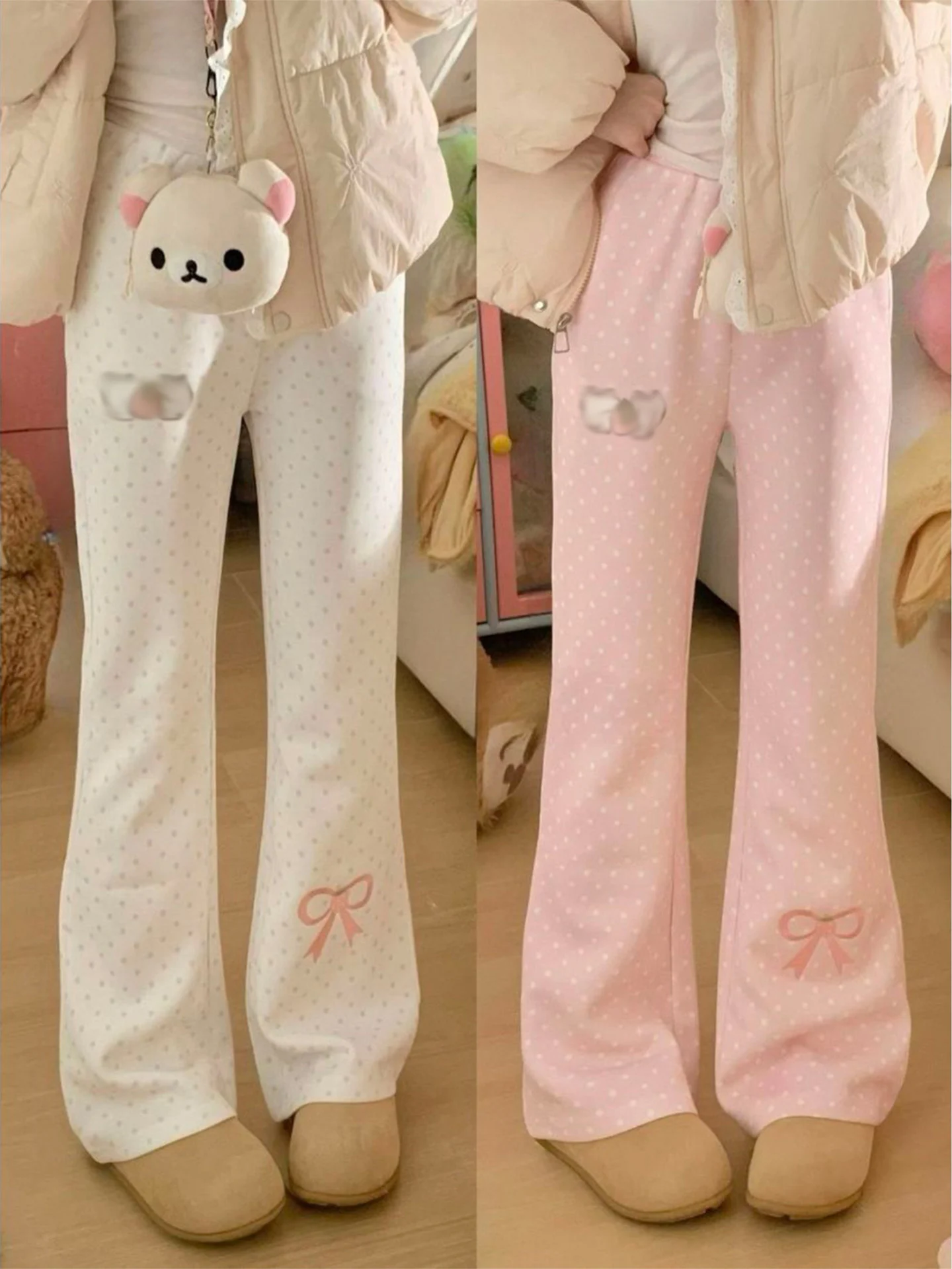 Cute Striped Strawberry Bowknot Micro Flared Pants Women's Casual Autumn Winter Slimming Long Trousers Sweatpants