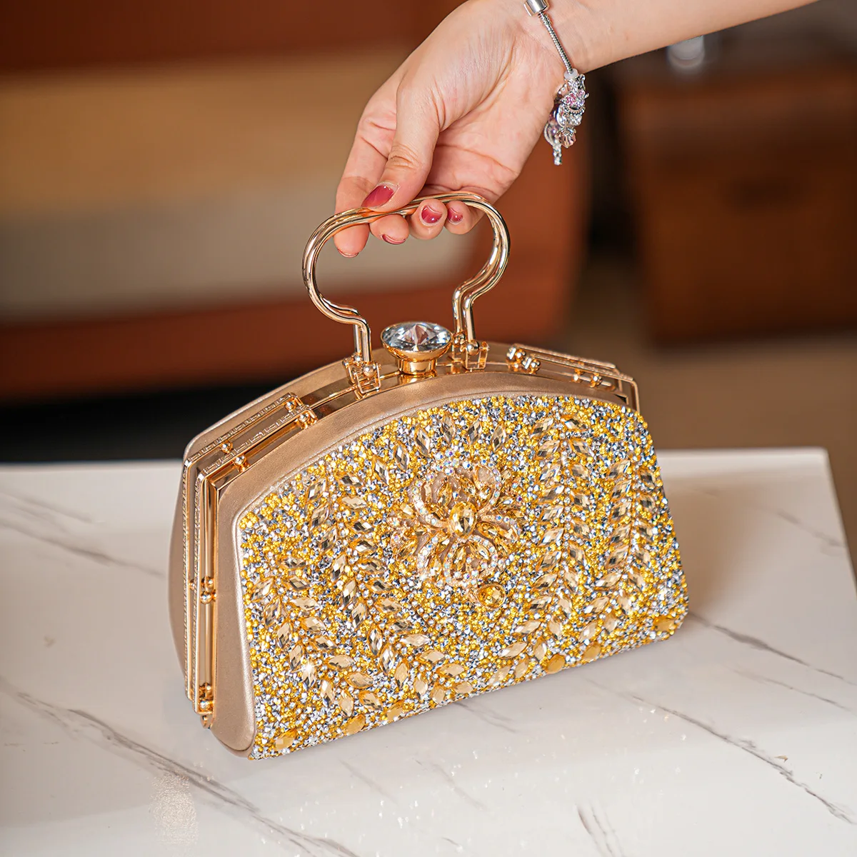 Elegant Beads Decor Mini Satchel Dinner Bag, Classic Glitter Luxury Party Handbag For Women, Festival Gift For Women