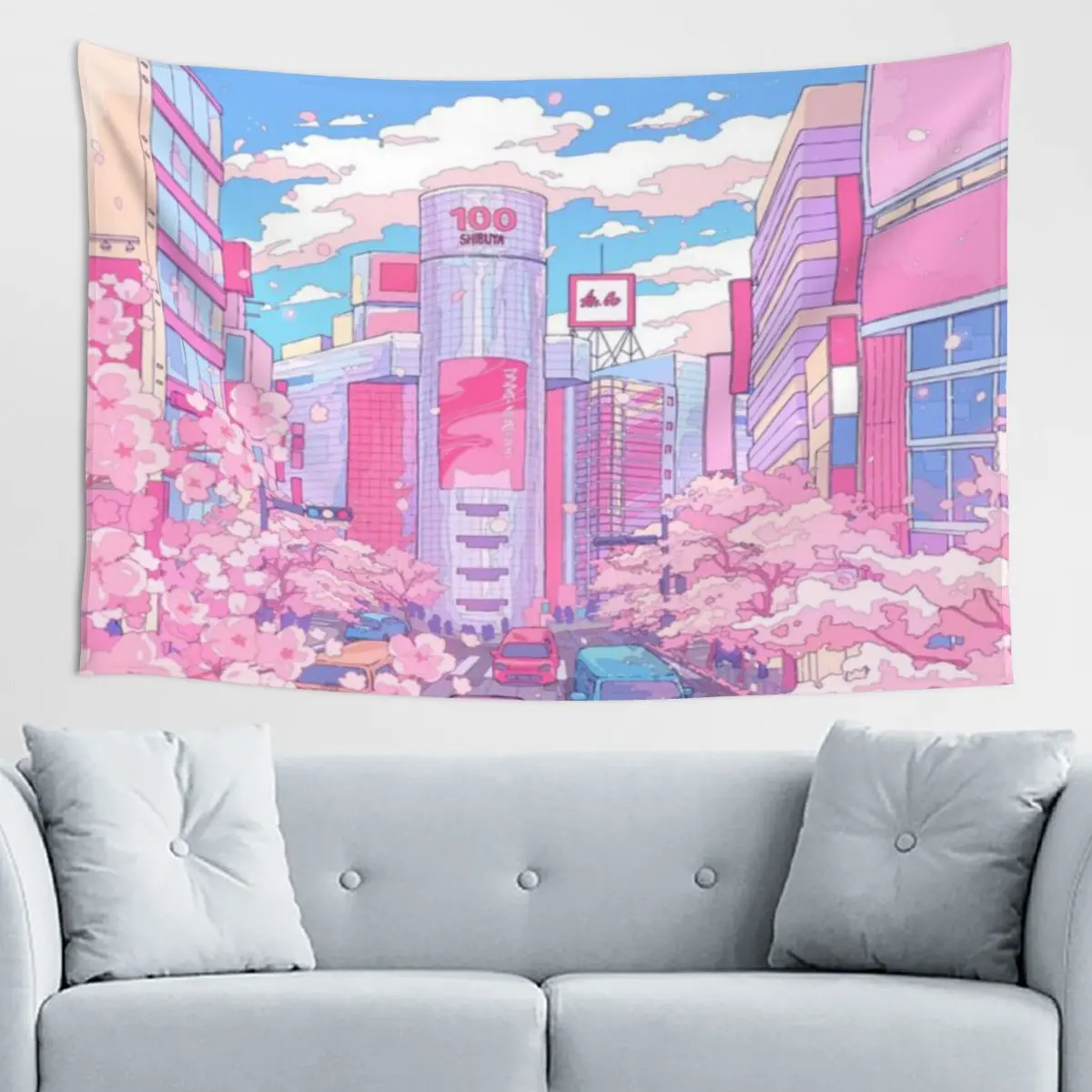 Urban Tokyo Downtown und Pink Sakura Blossom Mandala Wandteppich, antiker Meditations-Wandteppich, Stuhlbezug