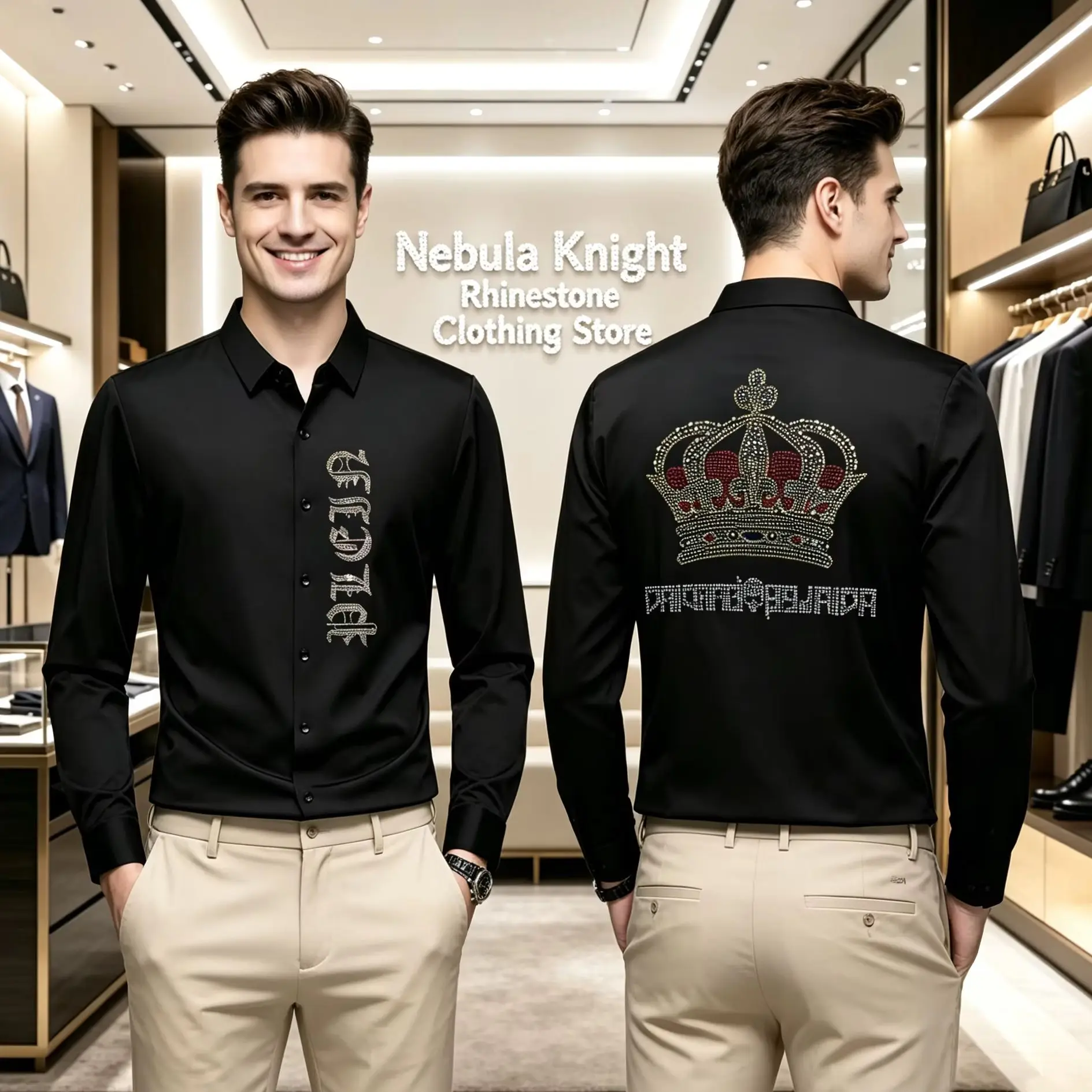 Luxury Men High Street Fashion Long Sleeve Shirt Rhinestone Skull Back Embellished Slim Fit Lapel Black Shirt