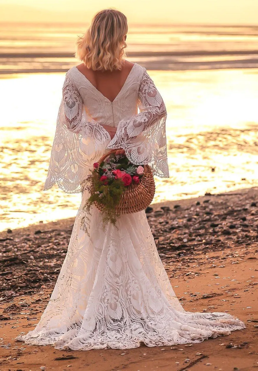 Long Sleeves Wedding Dresses Robe De Mariée Beach Wedding Gowns Bohemian Vestidos Elegantes Para Mujer Mermaid Lace Bride Dress