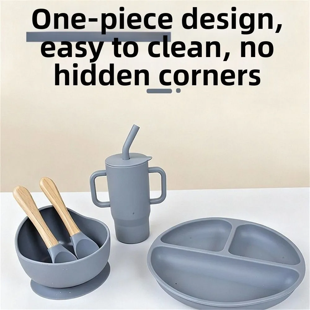 6Pcs/Set Cute Silicone Dining Plate Set Divided Compartments Suction Bowl Feeding Dishes Learning Cup Children Dining