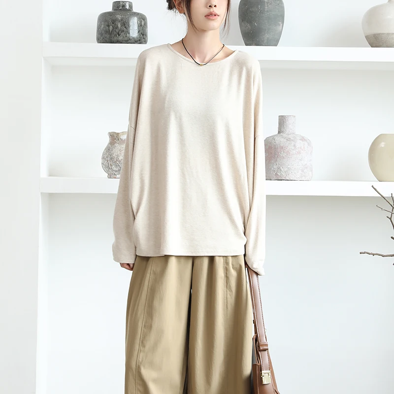 Lockeres Oulder Long Sve Round Ne Color T-Shirt Damen Oberbekleidung Base Irt Top Japanisches SLE Gestricktes Polyester