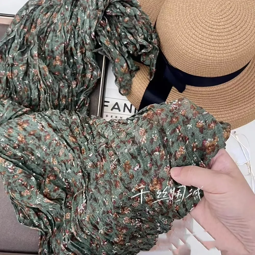 Floral Retro Korean Version Imitation Cotton and Linen Scarf New Sunscreen Scarf Pleated Thin Floral Printed Shawl Outer Cover