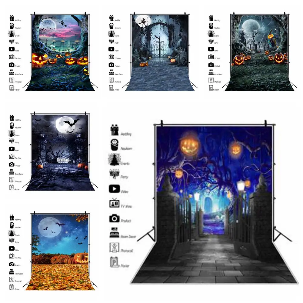 

Halloween Backdrop Pumpkin Lantern Gate Moon Bat Baby Kids Adult Portrait Photography Background Decor Poster Photo Studio Props