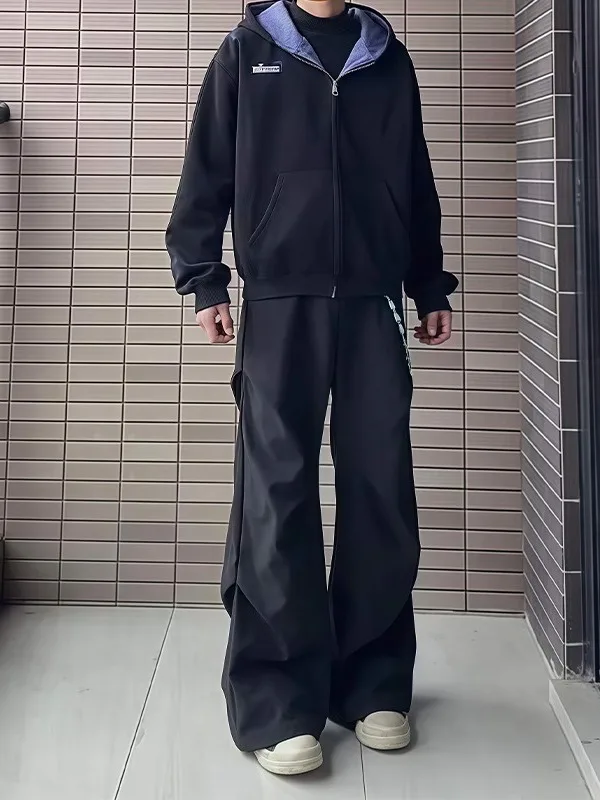 

American Sle Folded Paratrooper Suit Pants Men's Trendy Loose Casual Flared Bla Long West Pants Casual Youth ular Poly...