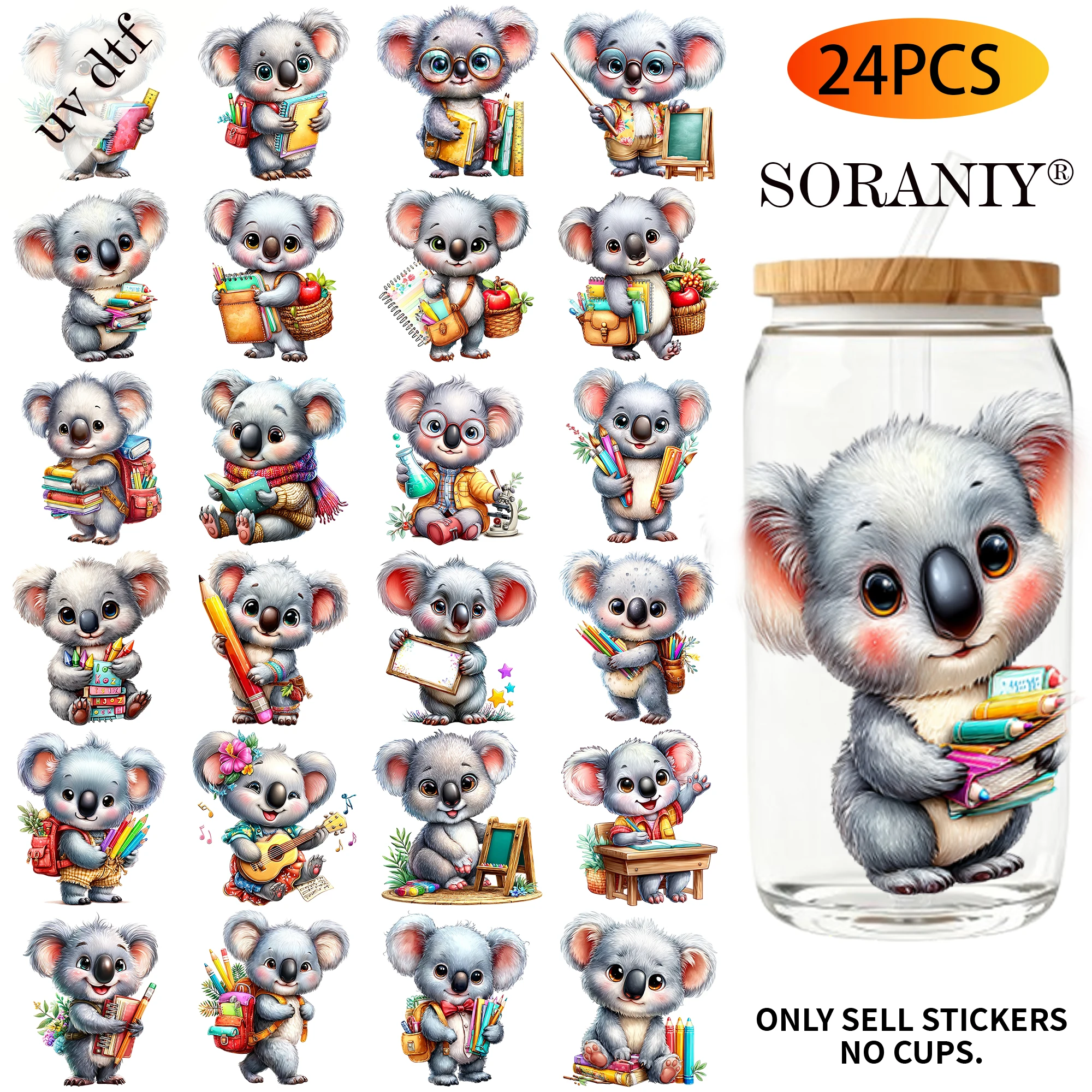 

24PCS/Set Koala Back To School Themed UV DTF DIY 16OZ Transfer Stickers Water Bottles Glass