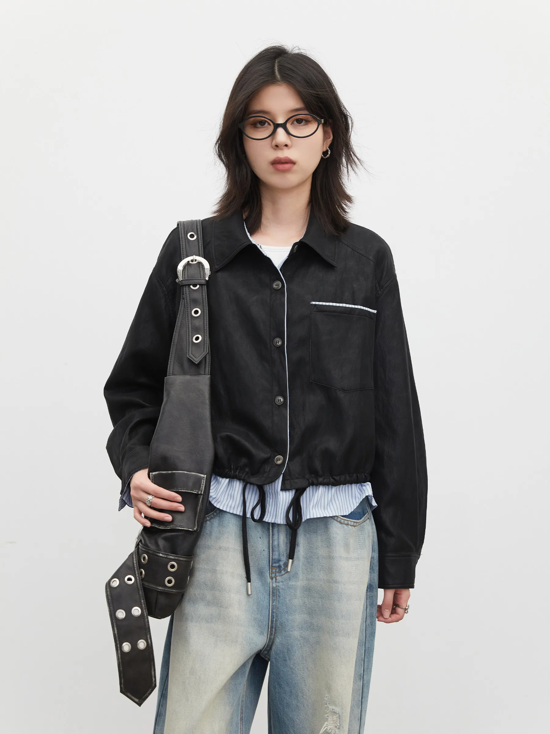 CHIC VEN New Women Faux Leather Jacket Vintage Fake Two-piece Spliced Striped Shirt Female PU Coat Drawstring Spring Autumn 2026