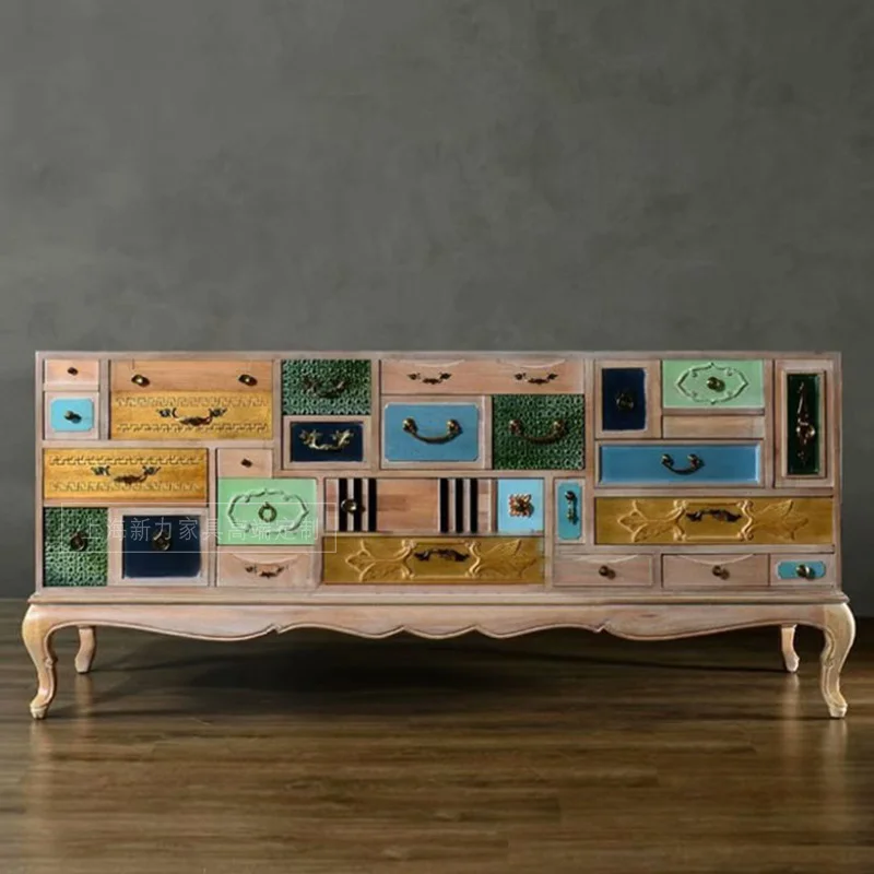 

French neoclassical solid wood color drawer TV cabinet log porch storage bedside high cabinet