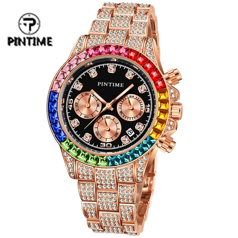 

Men Colorful Diamond Quartz Watches PINTIME Luxury Gold Silver Big Dial Male Wristwatch Sport Business Clock Relogio Masculino