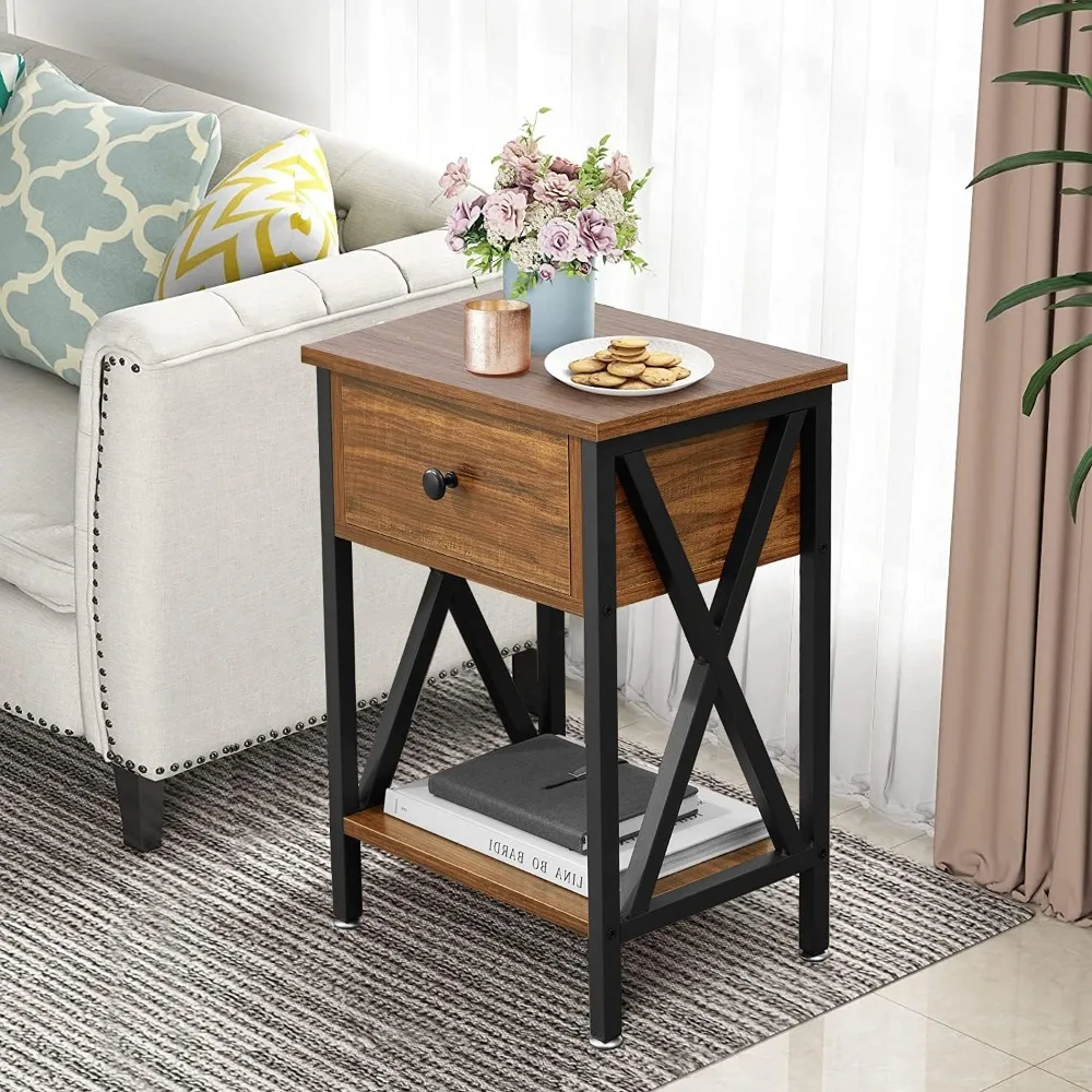 Modern Side End Table, Nightstand Storage Shelf with Bin Drawer for Bedroom, Lounge