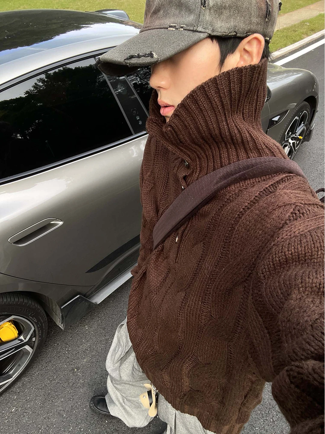 

Мужской свитер с высоким воротником, осенне-зимний, винтажный, широкий вязаный, с рельефным узором, из полиэфирного волокна, с длинными рукавами