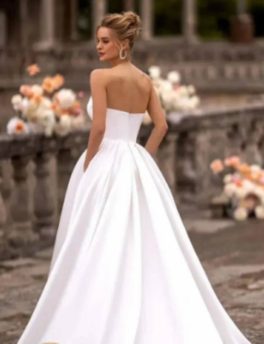 Robe de Mariée en Satin avec Poches et Fente Latérale, Élégante, pour ixde Mariage, pour Femme