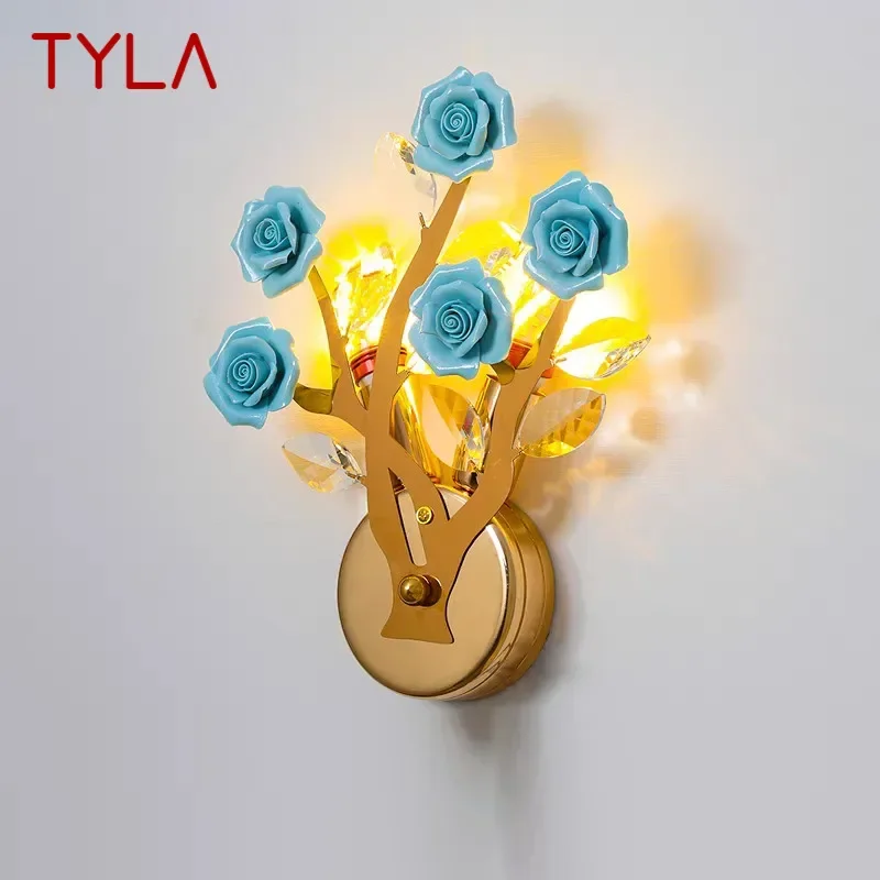 TYLA Contemporary Crystal Wall lamp Creativity Ceramics Rose Blossoms Living Room Bedroom Girl's room Villa LED Bedside Light