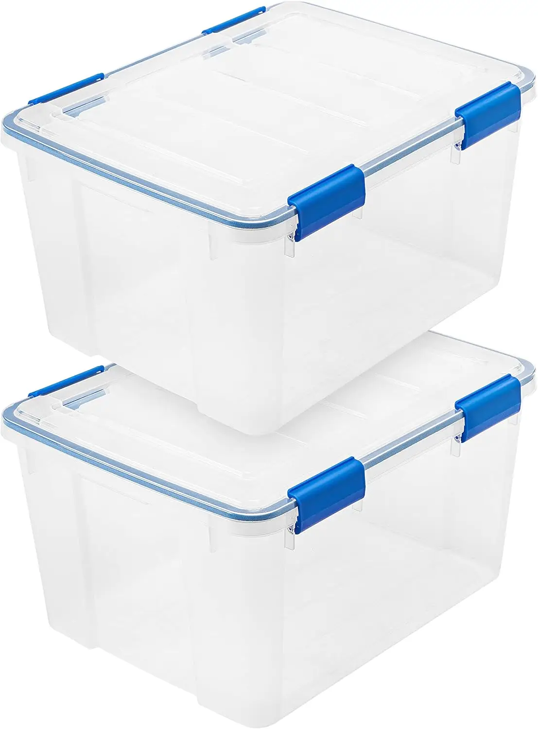 

2-Pack Clear/Blue Stackable Storage Bins with Lids, Weatherproof Seal and Tight Latches for Secure Organization