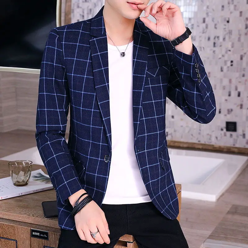 

Slim Fit Plaid Men's Autumn Casual Faion West Suit Single Button Notch Lapel Youth Trendy round Hem Single Slit Ba Jaet