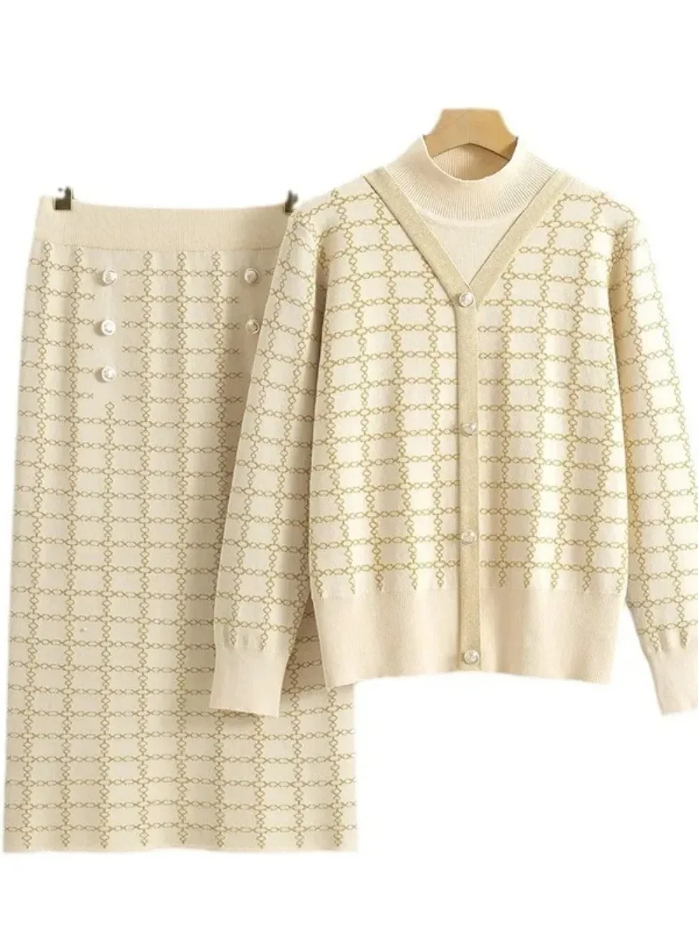 المرأة محبوك سترة قطعتين مجموعة سترة واحدة الصدر معطف تنورة طويلة دعوى الحياكة التنانير وتتسابق العربية فرقة 2025 #5