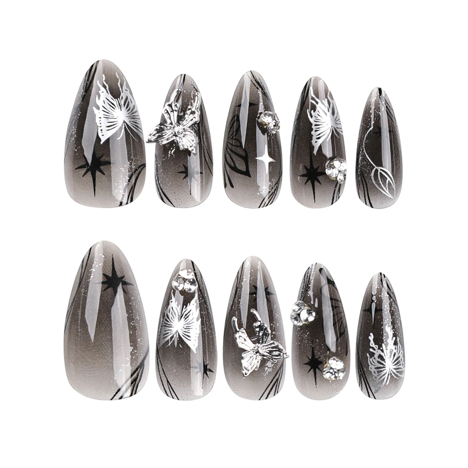 -length Cool Style Fake Nail Butterfly Decor Star Pattern Elegant Artificial Nail for Daily Lives Everyday Use