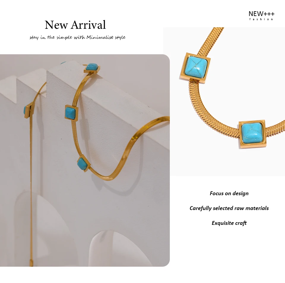Yhpup Blue Artificial Turquoise Snake Chain Necklace Stainless Steel Golden Collar Jewelry for Women бижутерия для женщин Gift