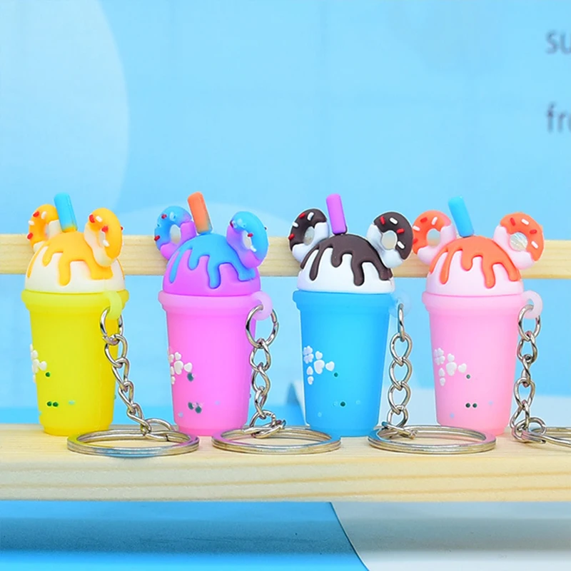 Cute Cartoon Ice Cream Straw Milk-tea Cup Keychains Candy Donut Chocolate Popsicle Key Ring for Women Girls Car Handbag Pendant