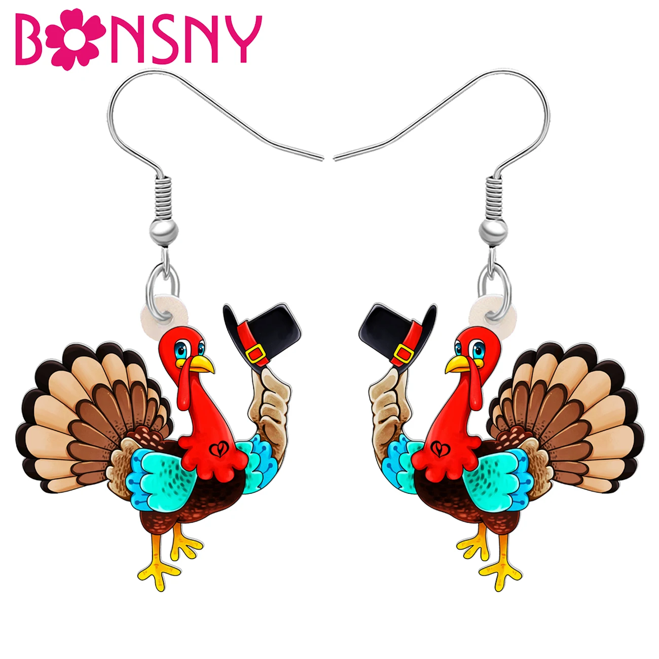 BONSNY Acrylic Thanksgiving Turkey Dangle Earrings Thankful Gifts Elegant Animals Farm Chicken Autumn Jewelry For Women Charms
