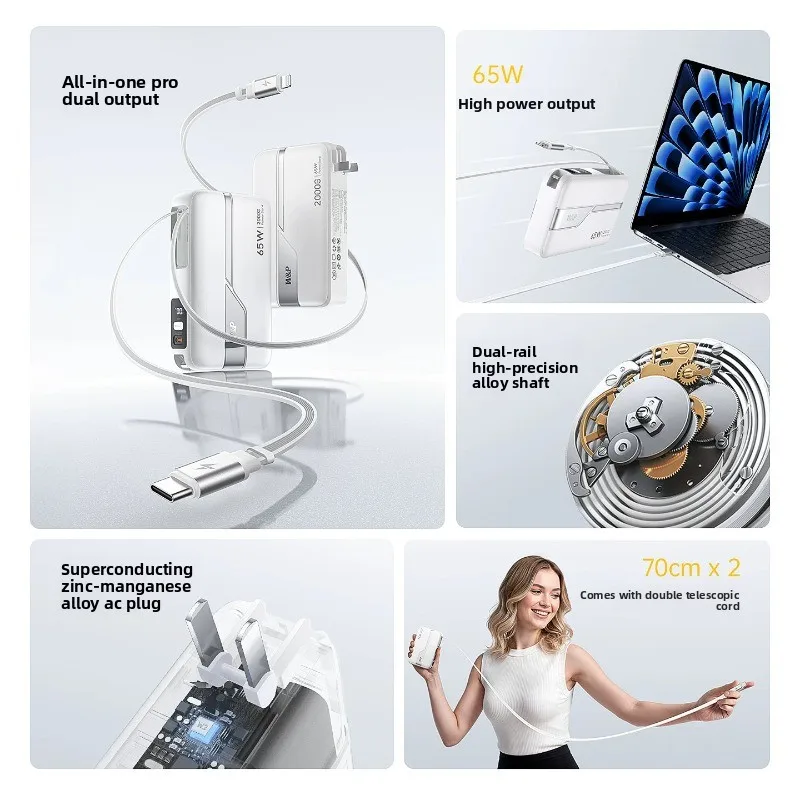 For W&P AC101 20000mAh Retractable Cable Power Bank 65W Fast Charging 3-in-1