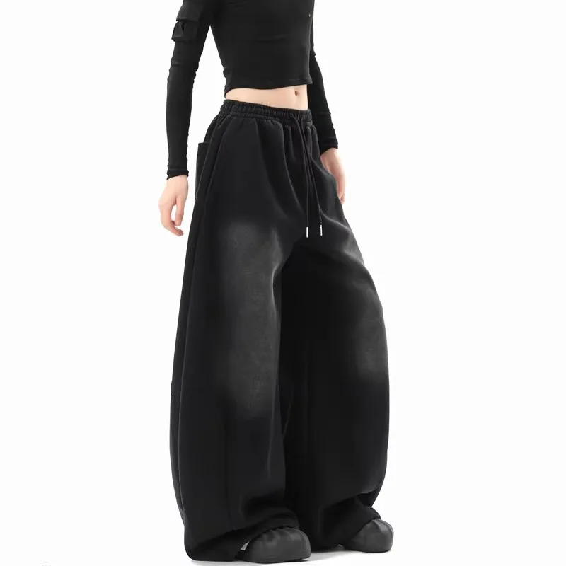 ANJY Spring Autumn New Women Hip-Hop Washed Letter Print Retro Casual Sweatpants Tide American Style Loose Wide Leg Pants A21367