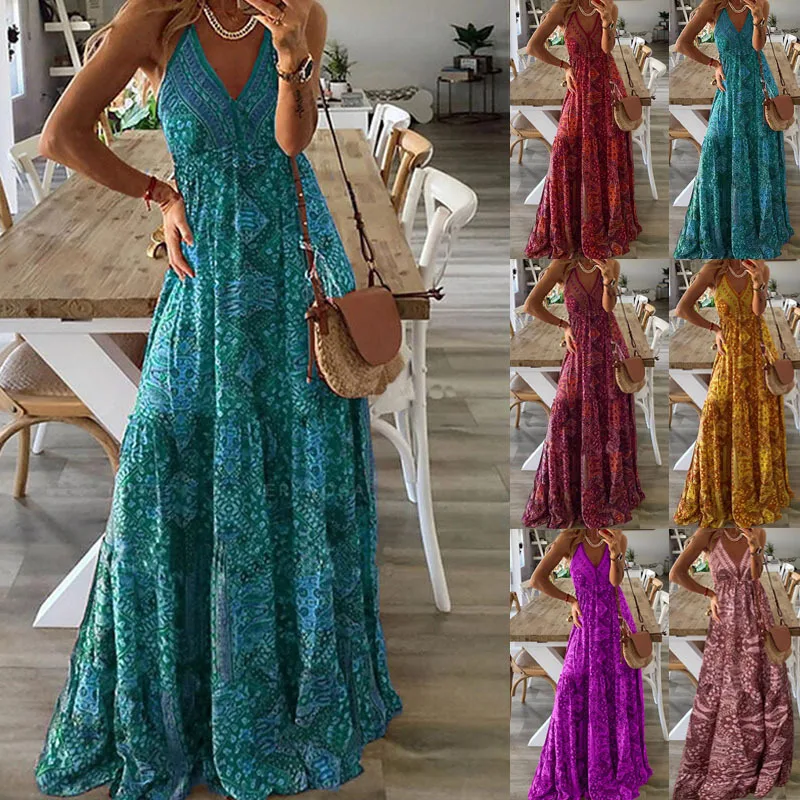 2024 Spaghetti Strap Dresses For Women Vintage Printed Bohemian Style Beach Dress Fashion Sexy V-neck Lady Maxi A-line Vestidos