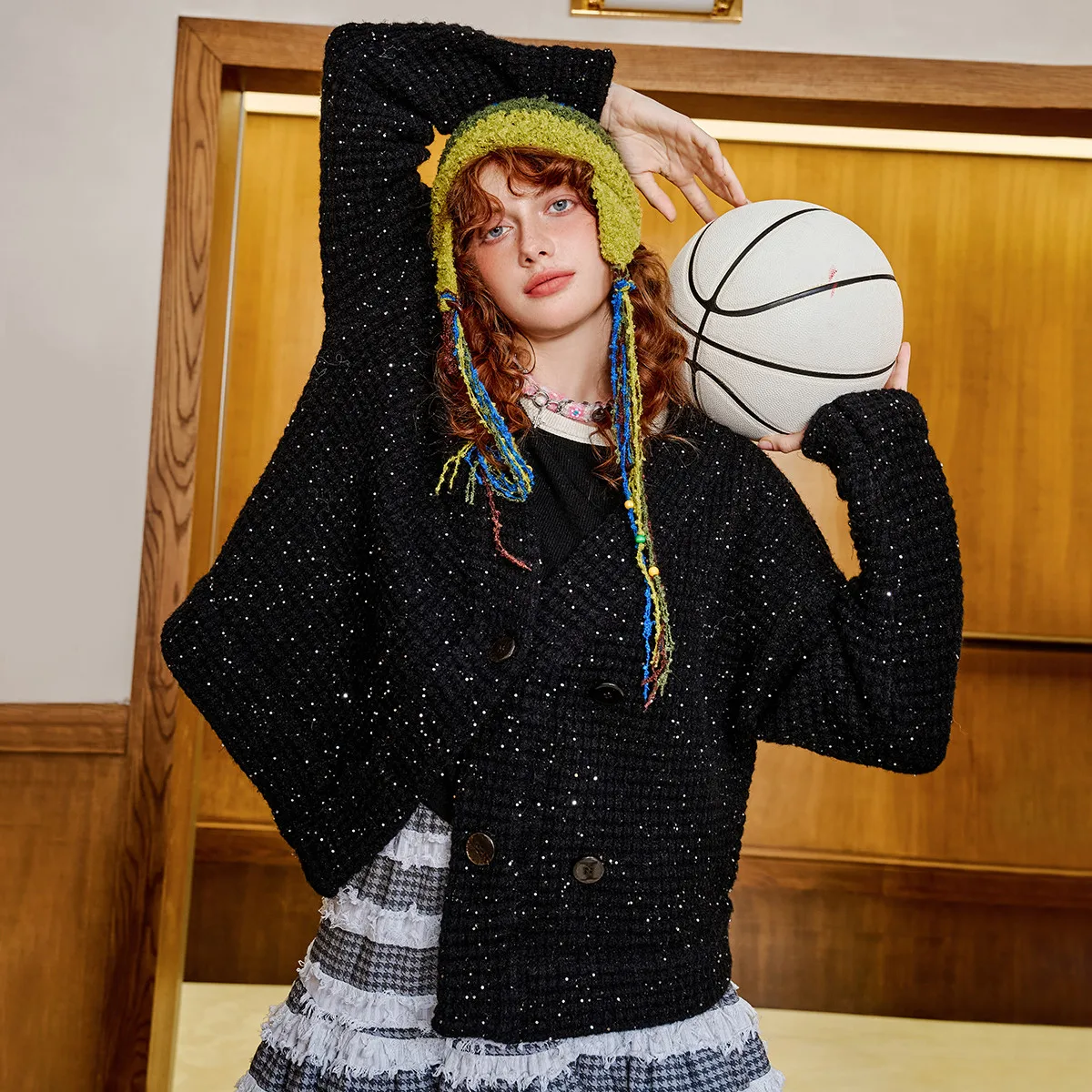 2025 여성용 스팽글 스타 니트 스웨터 글리터 브이넥 가디건 더블 브레스티드 미드 길이 코트 럭셔리 메탈릭 원사 우아한 드레스