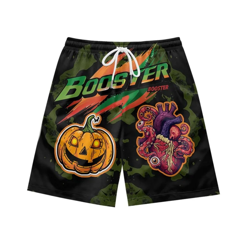 Halloween Pumpkin Print Men's Breathable Quick Dry Drawstring Waist Shorts Casual Polyester Sport Shorts For Men