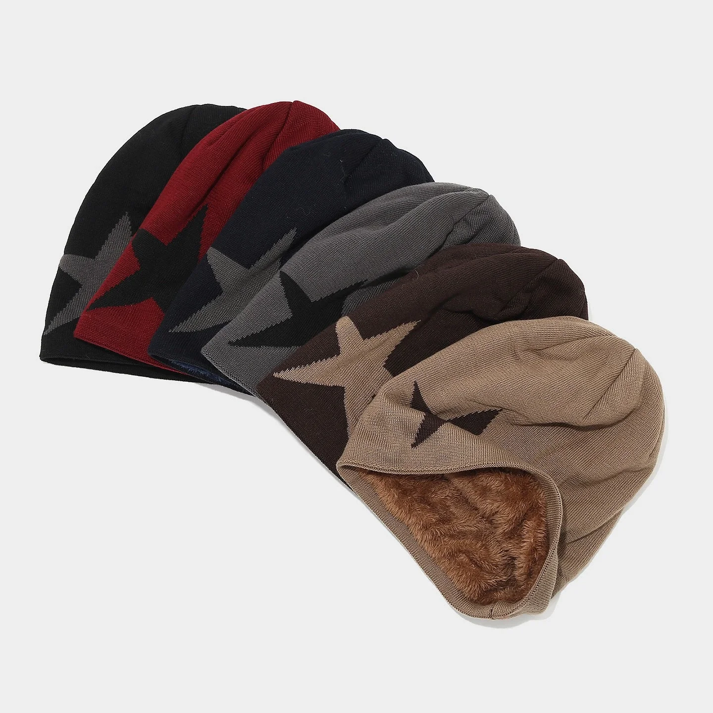 European-style Knitted Wool Hat, Winter-weight Fleece-lined, Large Five-pointed Star, Pull-over Style, Men’s Outdoor Leisure Hat