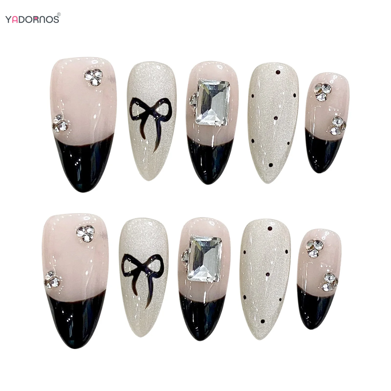 Uñas postizas hechas a mano de ojo de gato para mujer, uñas postizas de estilo francés de almendra larga, diseño de nudo de lazo de diamante brillante, manicura