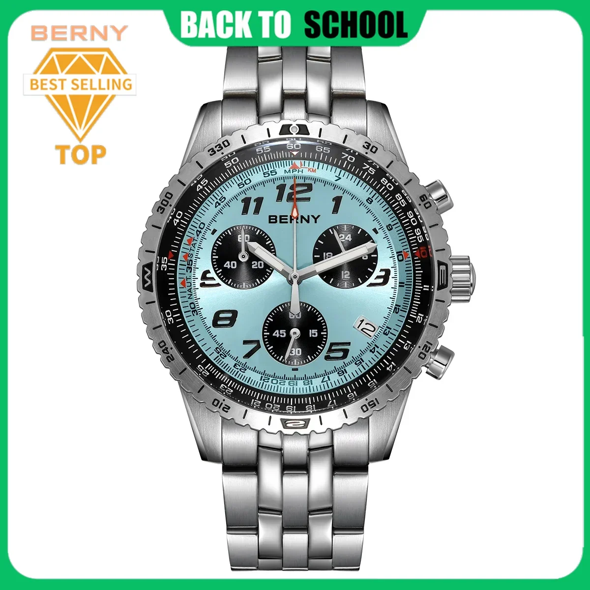 

BERNY Men Watch Luminous Hand Chronograph Day Date Calendar Quartz Watches Rotating Sliding Bezel Waterproof Sport WristWatch