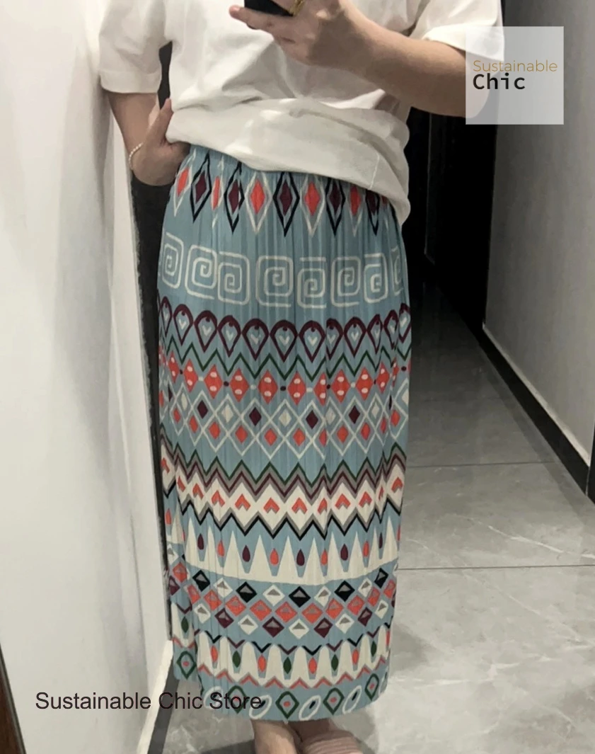 

Japanese style Miyake pleated diamond striped skirt women's summer new retro print design sense of temperament pleated skirt