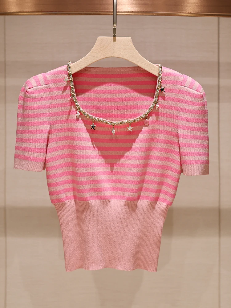 

Sli Sweet Striped Women's Knitwear Square Collar Slimming Top Trendy Commute Sle ort Sve Regular Fit Summer 2025