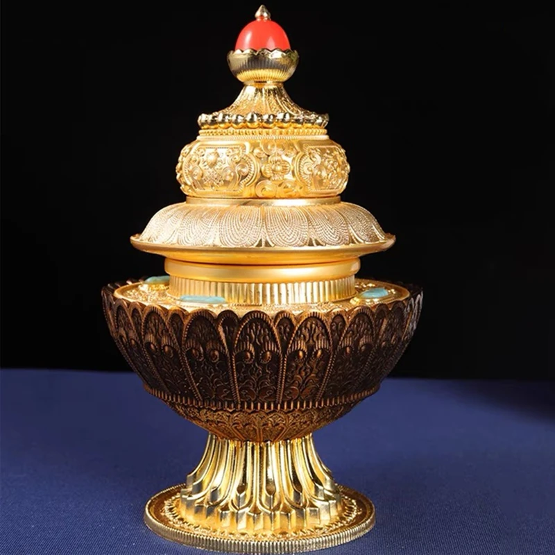 Golden Tibetan Inlaid Gem Rice Box Three Layers Tantric Alloy Handicraft Buddhist Tribute Organizer Home Gift Desktop Decorative