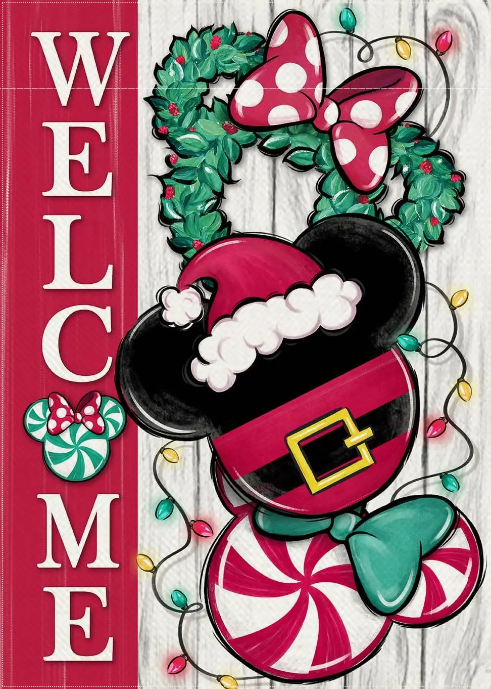 Welcome Christmas Santa Decorative Garden Flag, Xmas Peppermint Candy Wreath Ornament Yard Outside Decorations, Winter Holid WWP