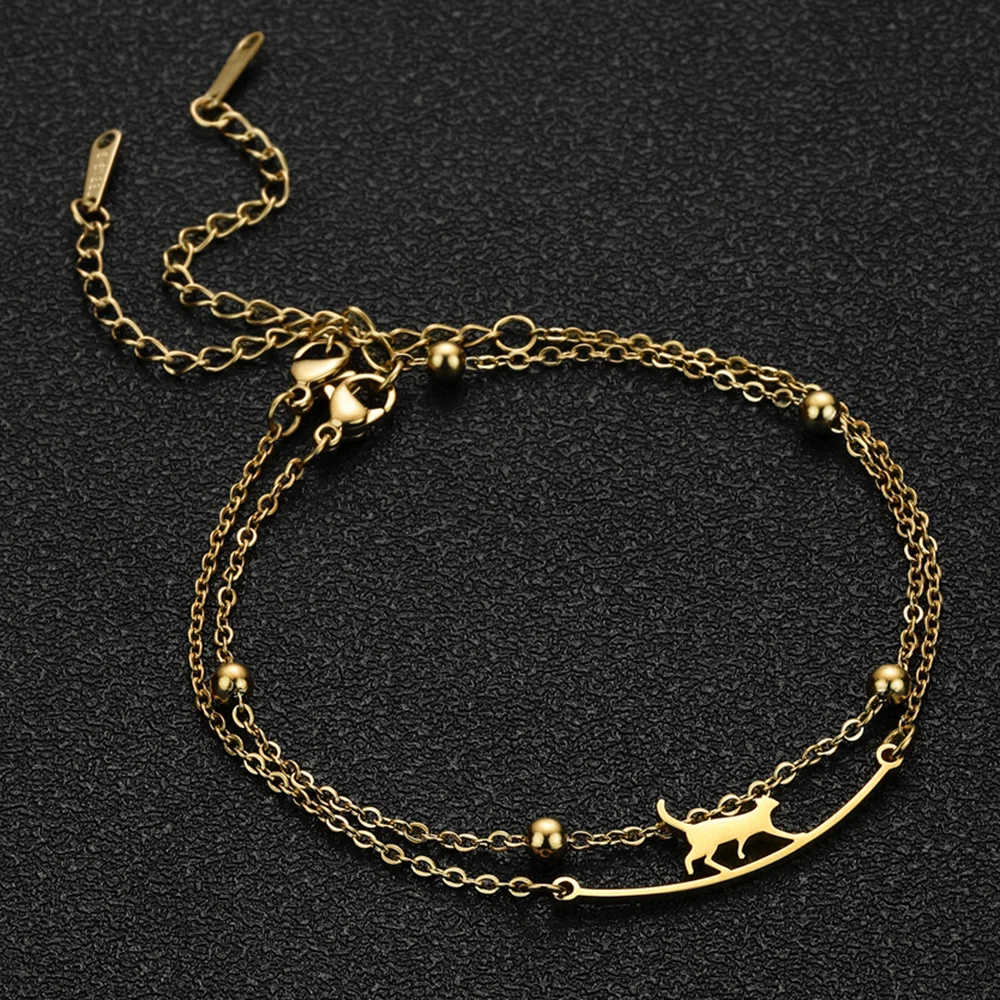 Cazador Cute Walking Cat Stainless Steel Bracelet for Women Animal Kitten Double Chain Bracelet on Hand Jewelry Gift Wholesale