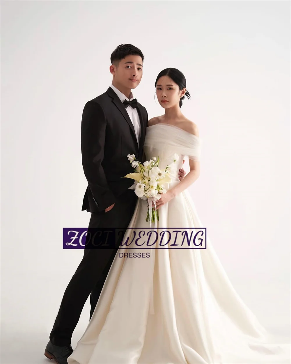 Zoci Simple Strapless A Line Korea Wedding Dresses Photos Shoot Cape Sleeves Dresses Customized Corset Bride Reception Gowns