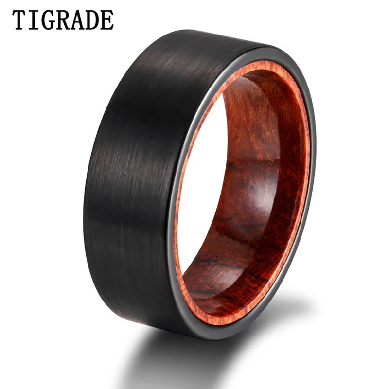 Tigrade New Black Matte Tungsten Ring 8mm Width Flat Brushed Red Sandalwood Inner Set Fashion Men Jewelry