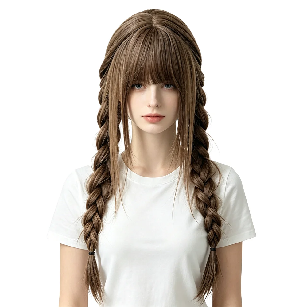 Pre Styled Protein Fiber Brown Braid Wig With Bangs Silky Soft Double Braids Synthetic Hair Wig For Lolita Daily Cosplay Party
