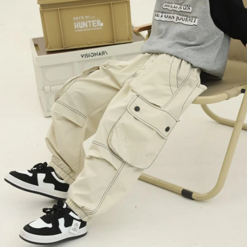 Boys Pants Spring Summer Thin 2026 New Kids Loose Multi-pocket Cargo Trousers