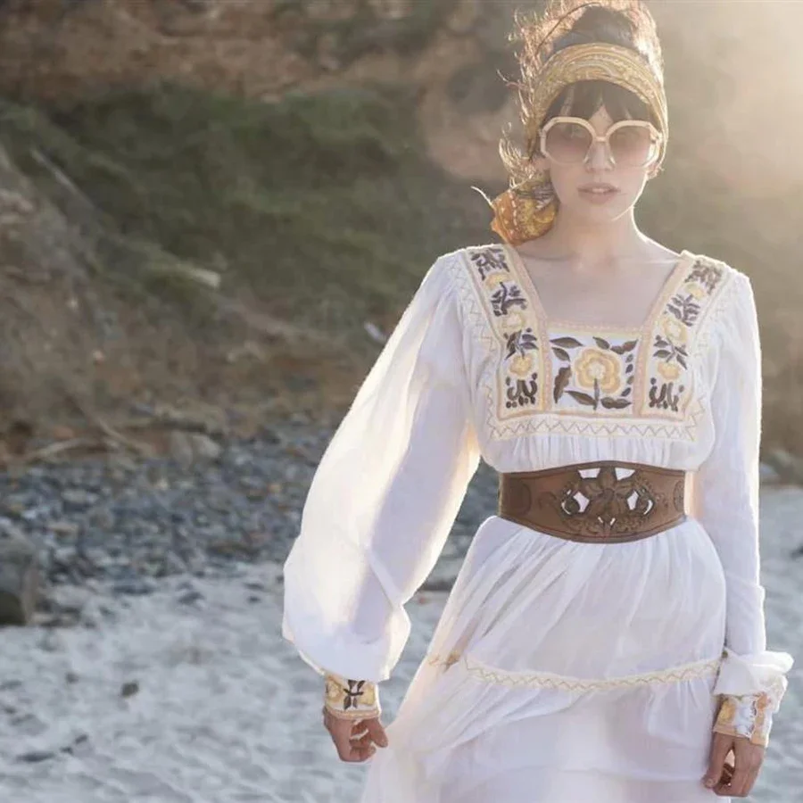 Vestido tipo túnica de algodón y rayón con bordado Floral, vestidos de verano de manga larga para playa, vestidos holgados gitanos bohemios para vacaciones para mujer