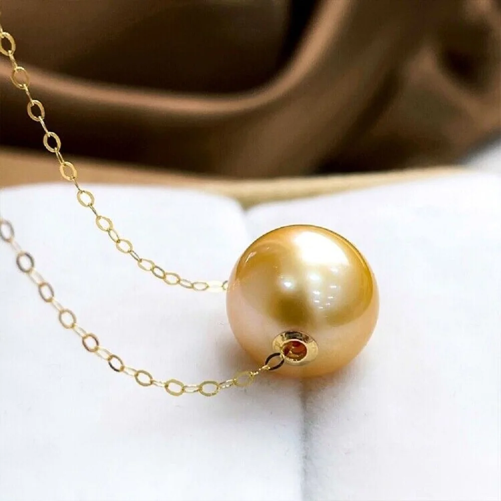 HUGE New  Stunning  AAAA+++ 11-12MM SOUTH SEA  GOLD S925 Sterling Silver Pearl Pendant Necklace Fashion Style  Round Beads 18IN