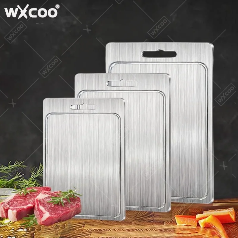 

Кухонная разделочная доска WXCOO из нержавеющей стали, противоскользящие разделочные доски 304, двухсторонняя разделочная доска пищевого качества с канавками для сока