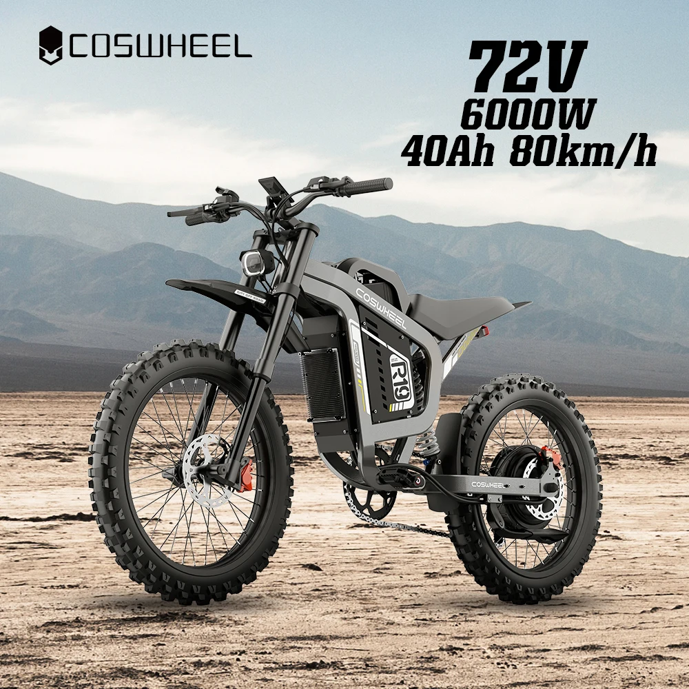 

Электрические мотоциклы Coswheel Max, 6000 Вт, бесщеточные безредукторные двигатели, 72 В, 40 Ач, литиевая батарея, скорость 80 км/ч, для взрослых, внедорожный MTB Ebike