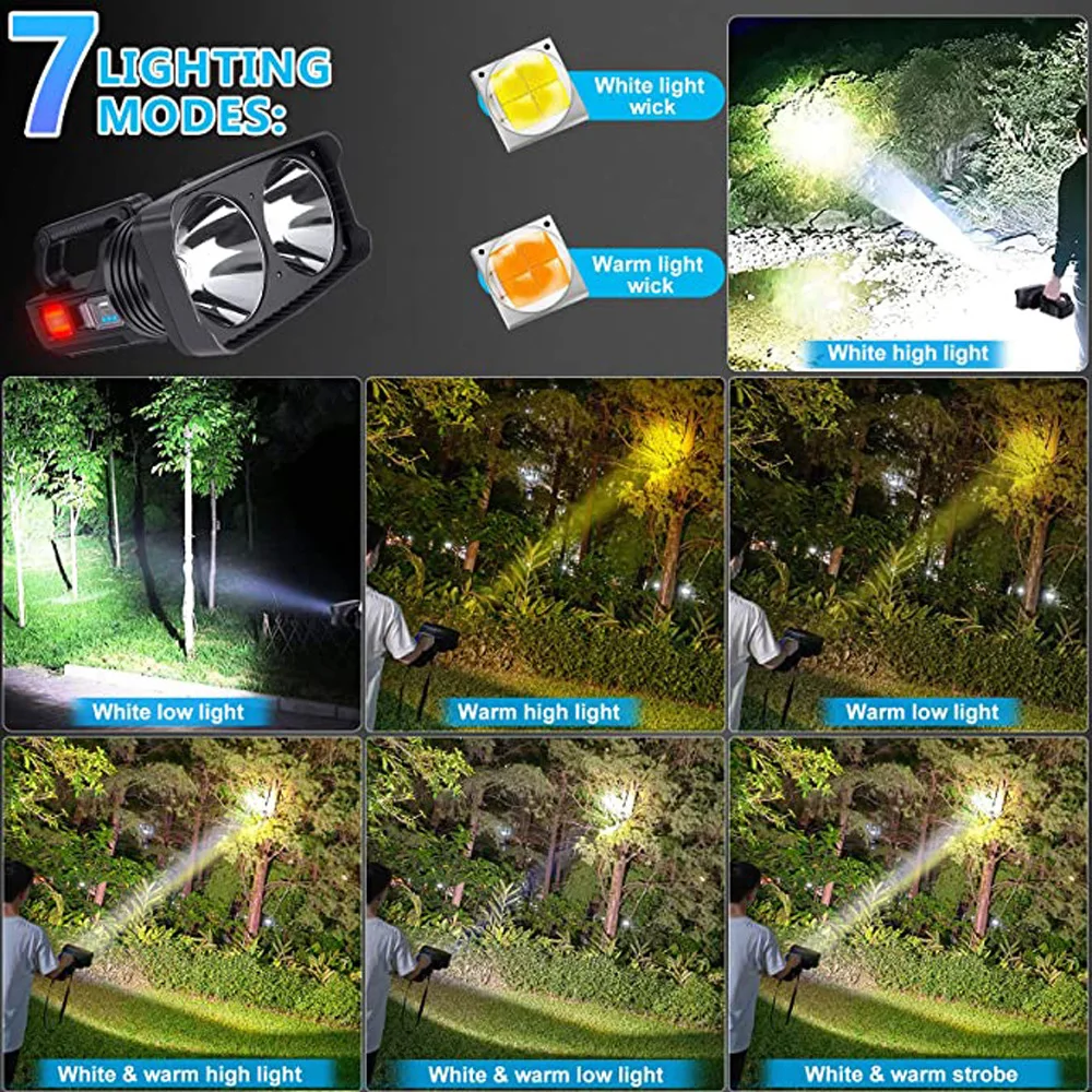 Super Bright LED Spotlight 2*XHP50 Camping Fishing Lantern with Side Light Waterproof Searchlight USB Rechargeable Flashlight